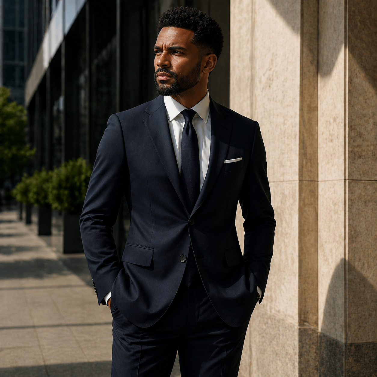 Client of House of Adenor in a bespoke navy suit